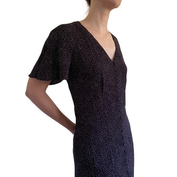 Express V-Neck Front Button Midi Dress Black White Spot Romantic Flutter Sleeve - Picture 6 of 12